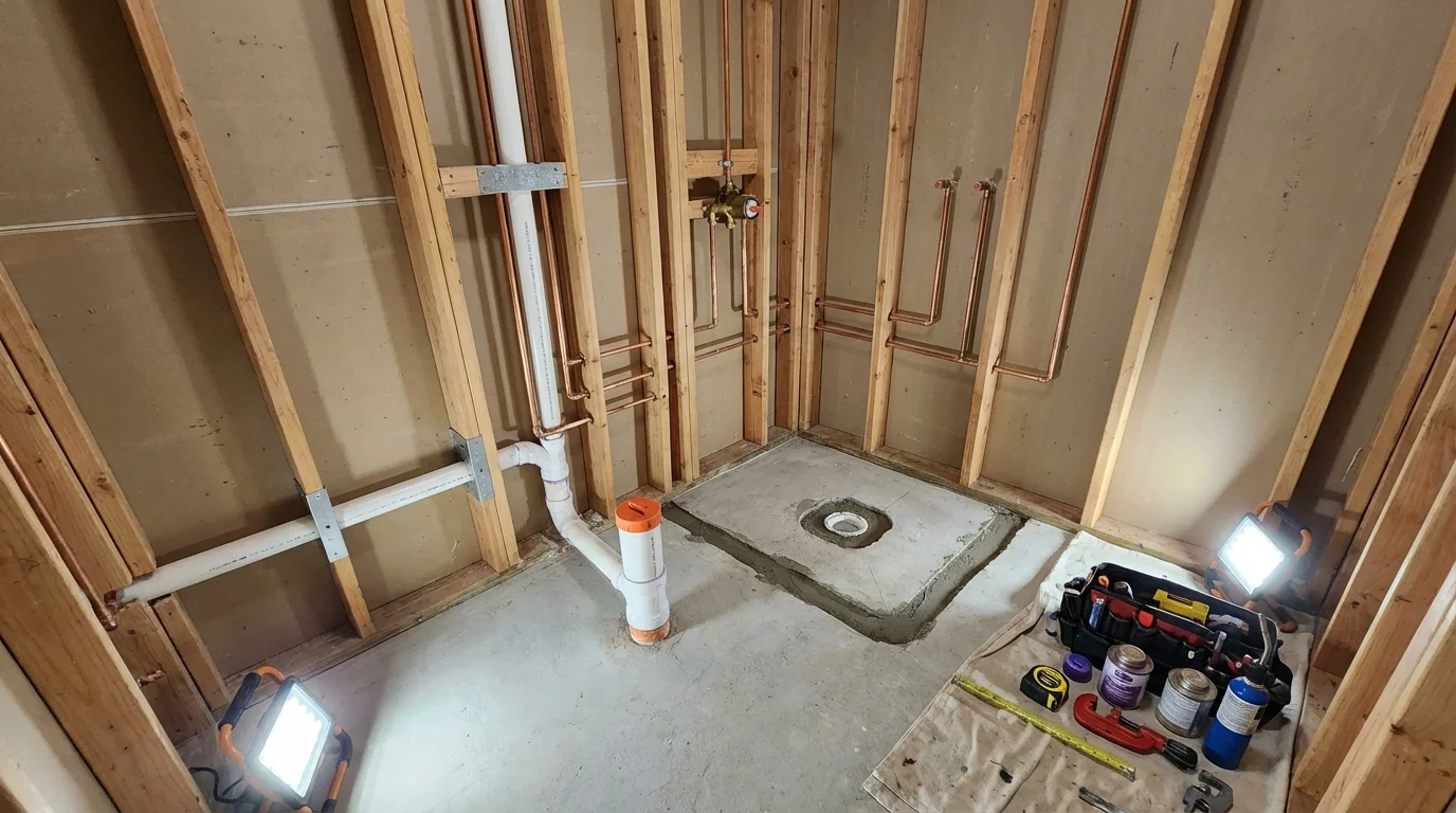 Bathroom rough-in plumbing during remodel by Johns Plumbing LLC in Bethalto