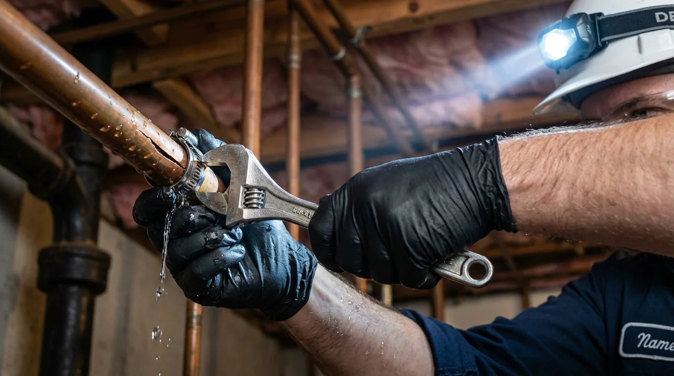 Emergency pipe clamp repair being performed by a Johns Plumbing LLC plumber in Bethalto