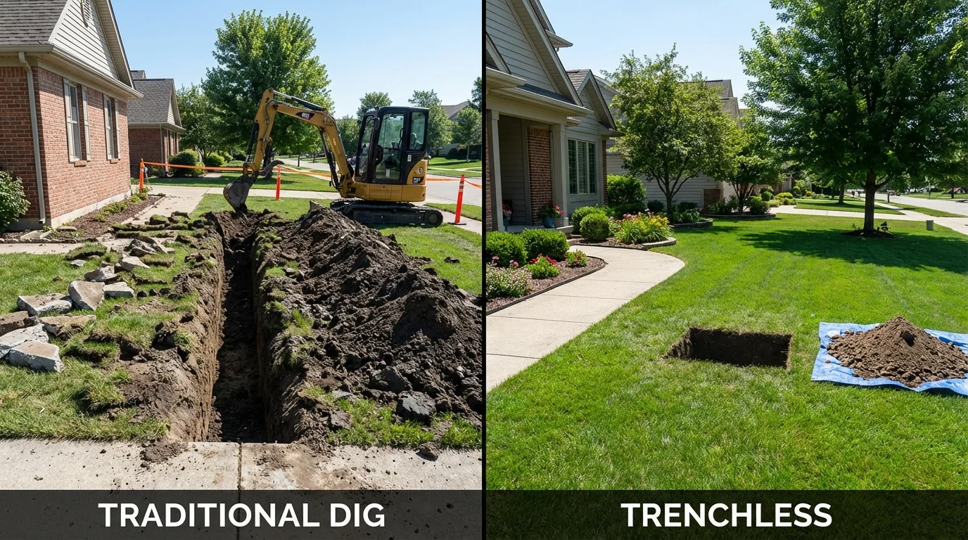 Trenchless sewer repair with minimal yard damage versus traditional excavation in Bethalto, IL