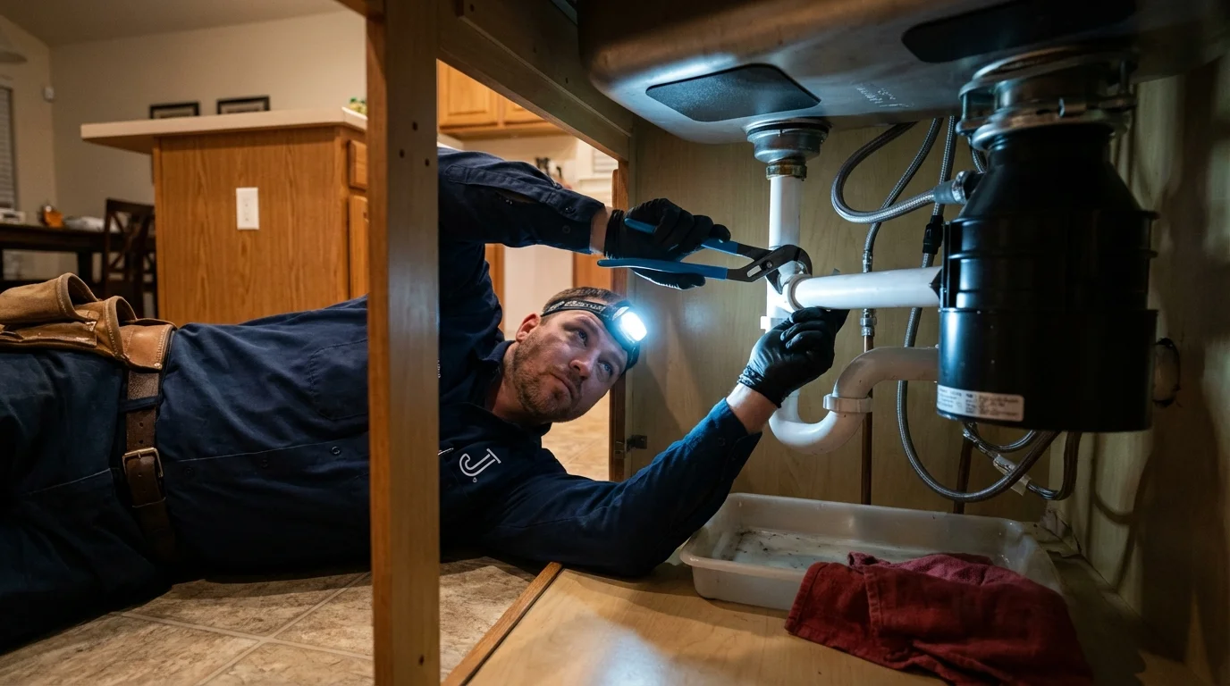 P-trap and supply line connections under a kitchen sink showing a common leak point in Bethalto, IL